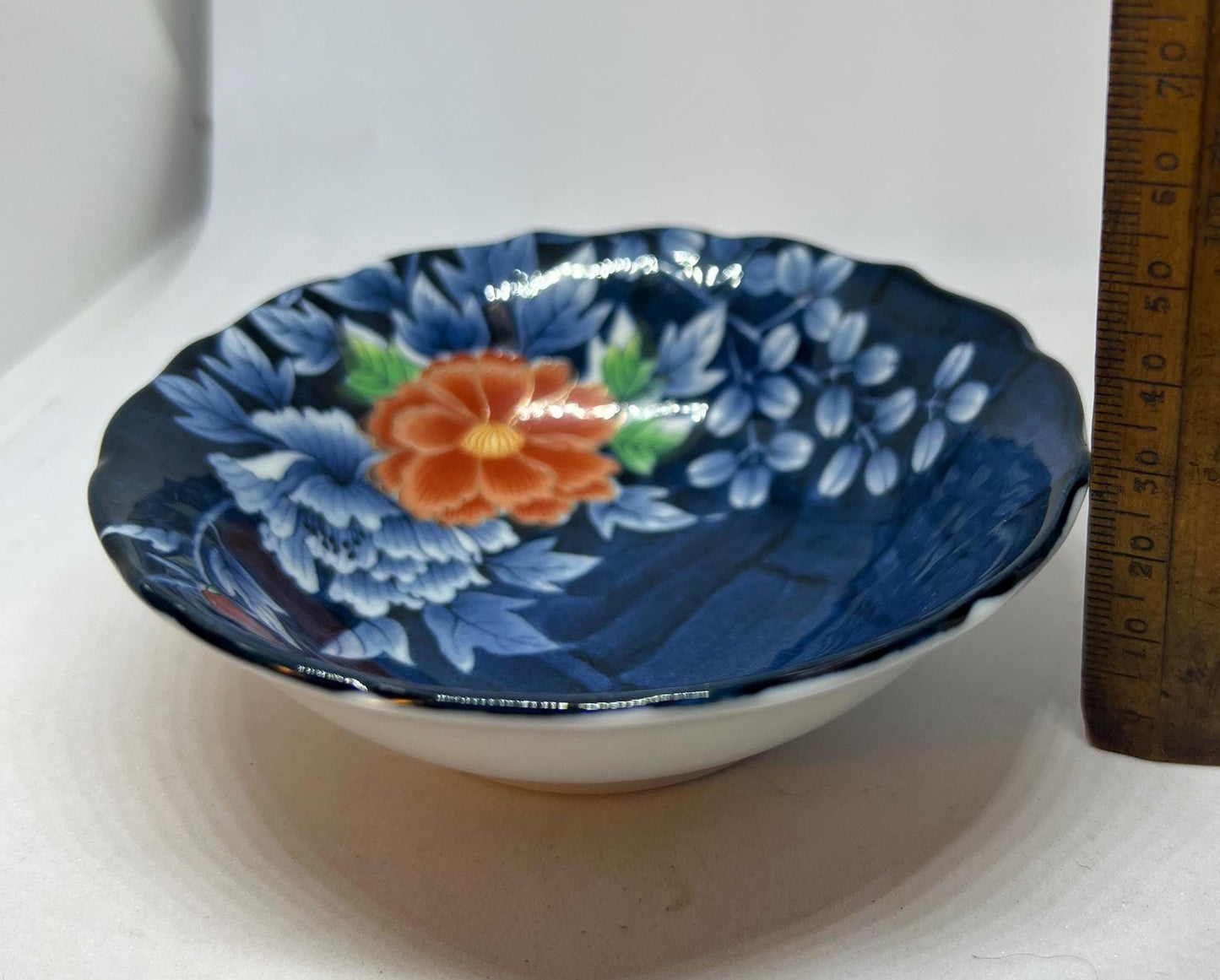 Blue floral ring disk Hand painted orange flower dish
