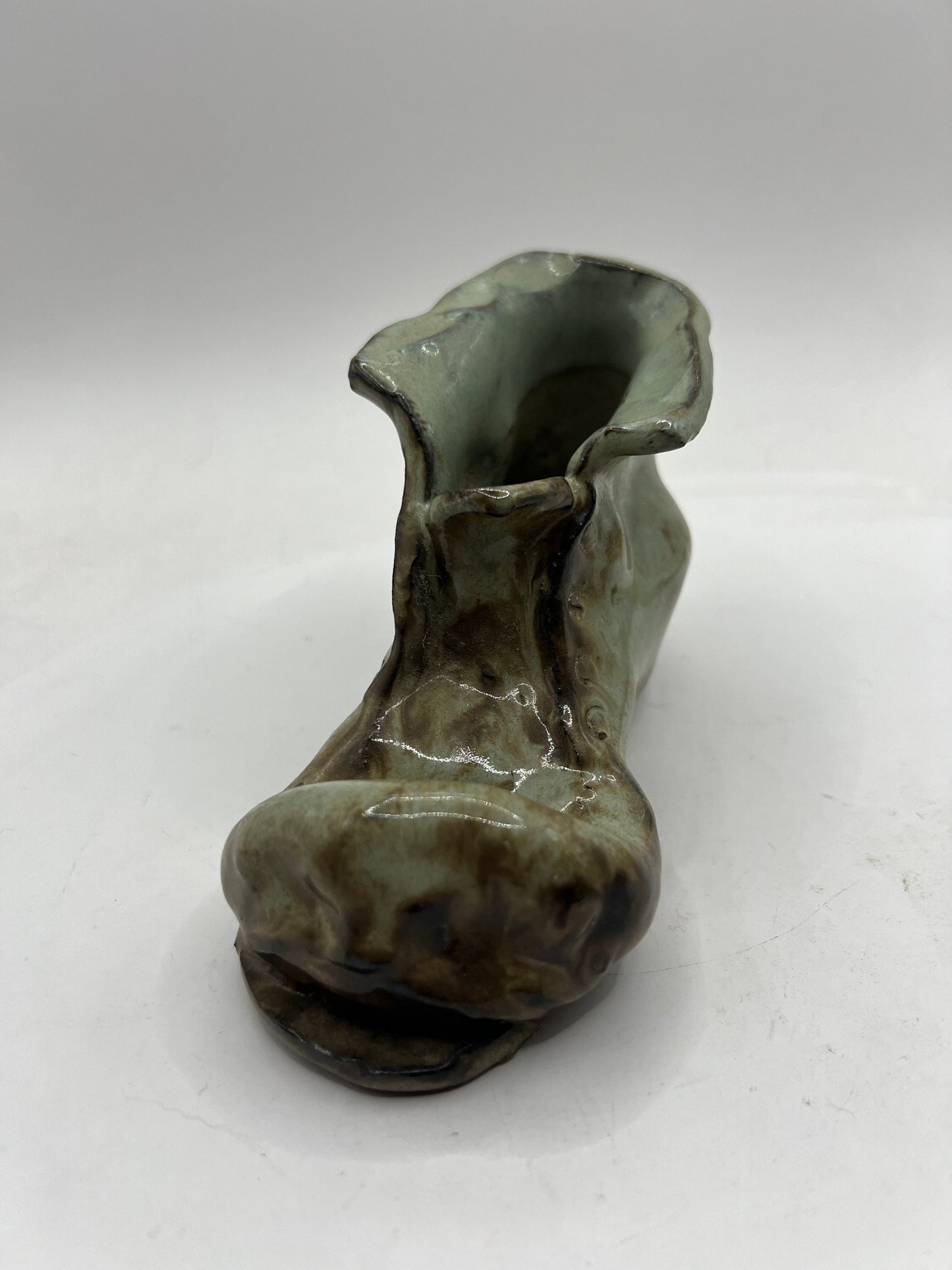 Quirky Studio pottery old boot planter. Signed. Grey green brown glaze.