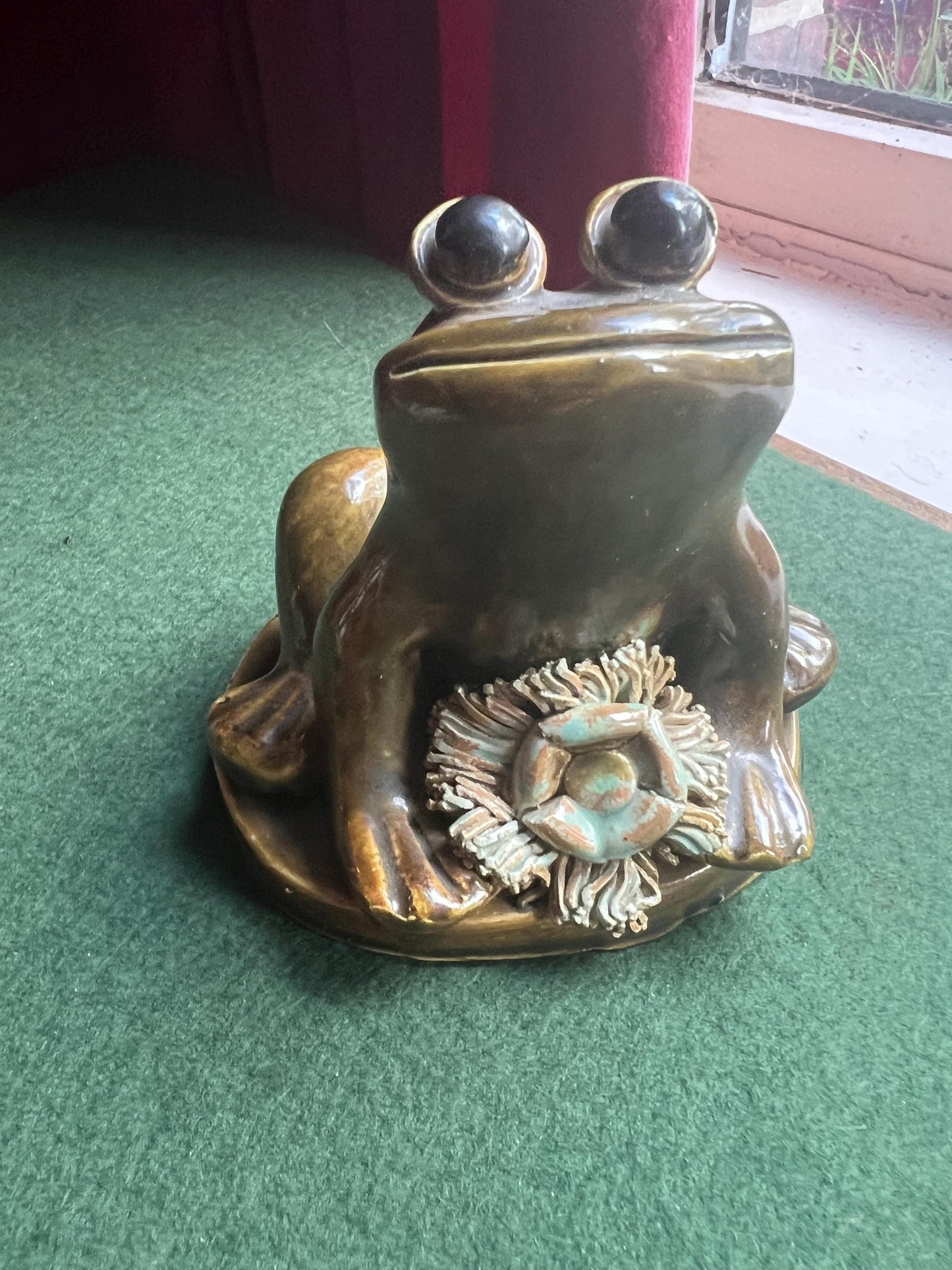 Studio pottery frog figurine.  Signed by artist YD DG. Yare Designs Norfolk.