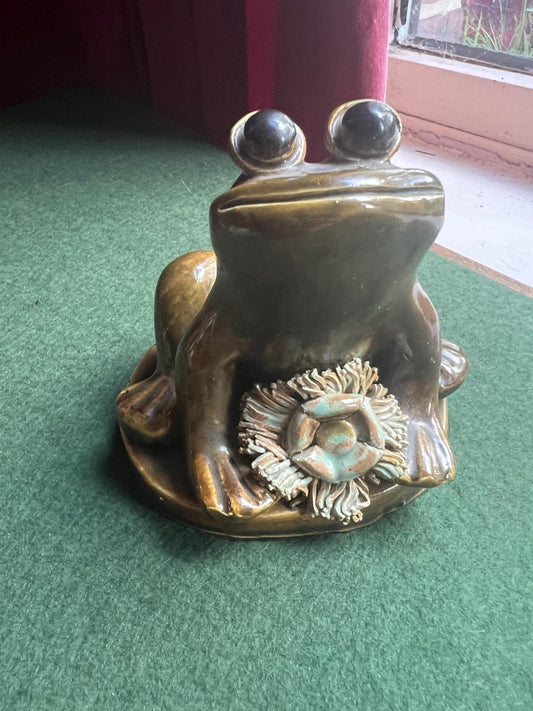 Studio pottery frog figurine.  Signed by artist YD DG. Yare Designs Norfolk.