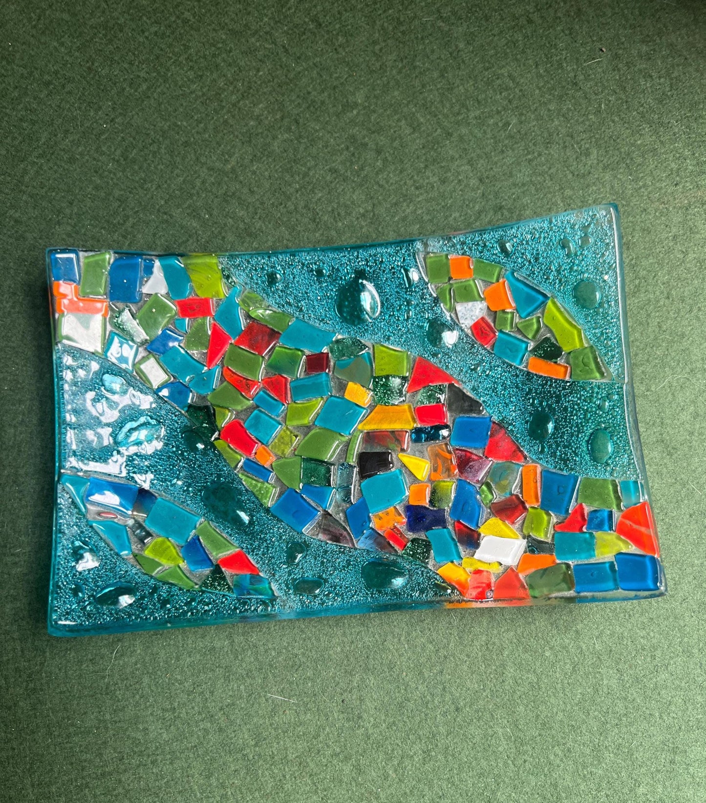 Fused glass trinket serving bowl. Colourful confetti glass on blue base.