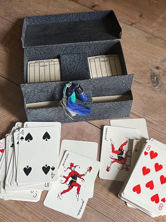 Vintage card games set. Fold out box 2 sets cards score sheets original lead pencils. Retro games lover gift. Vintage Bridge set.