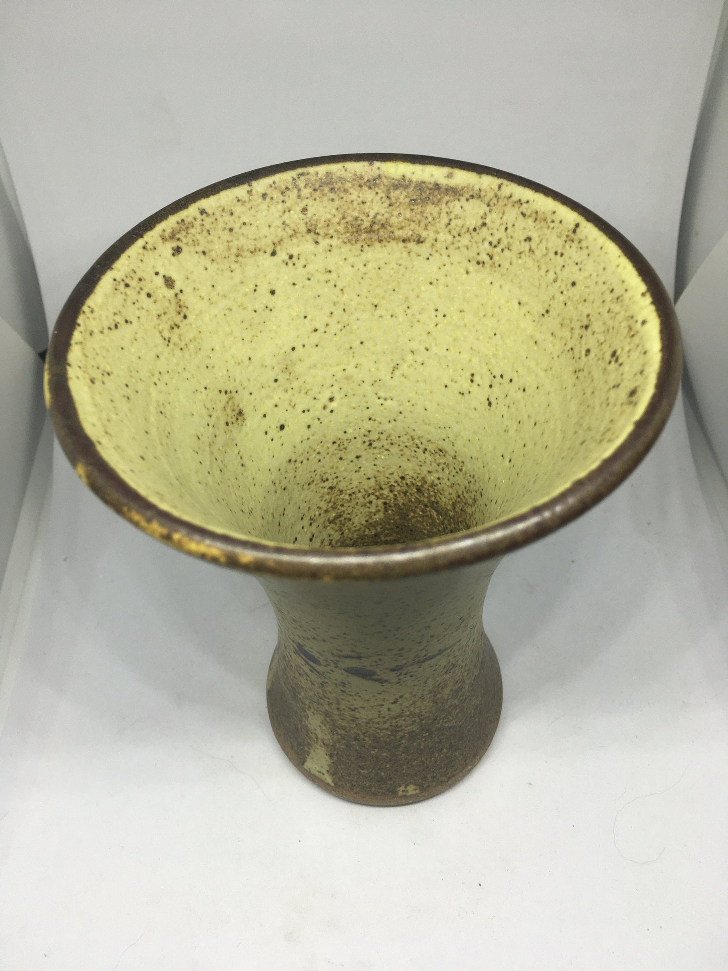 Vintage stoneware trumpet vase with abstract design. Speckle glazed mid century flower display vase.