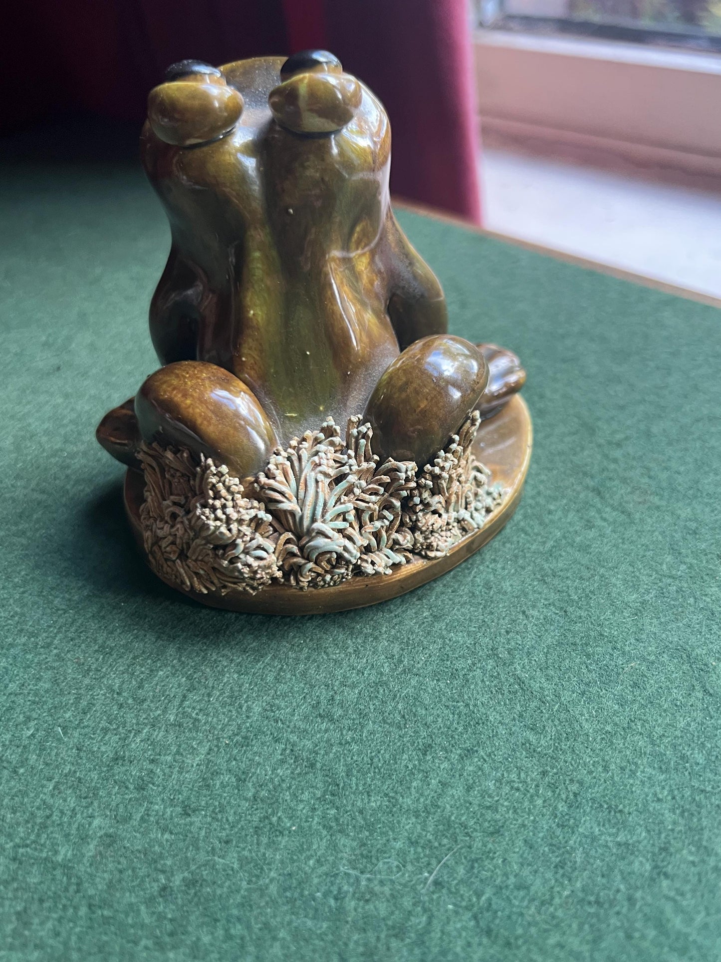 Studio pottery frog figurine.  Signed by artist YD DG. Yare Designs Norfolk.