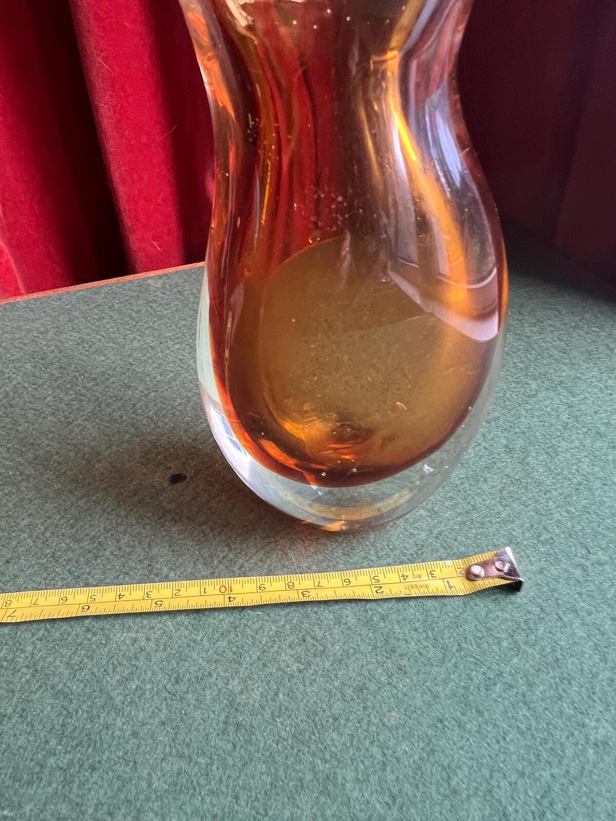 Vintage Sommerso amber and clear glass Murano style fishtail vase.