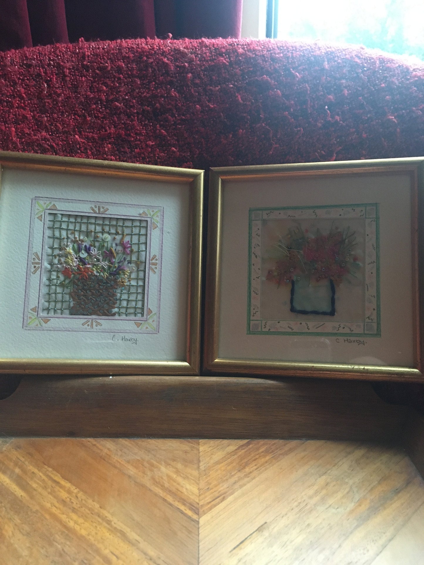 2 Beautiful detailed framed embroidery flower scenes. Signed C Haxby. Portfolio of Yarm.