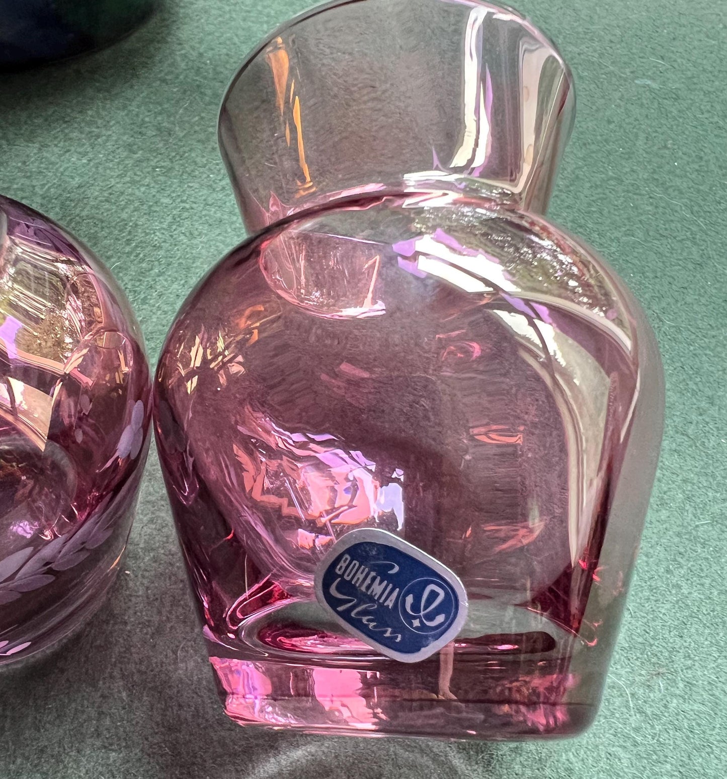 Cranberry glass posy vase. Bohemian crystal pink glass vase. Etched pink bud vase. Pink posy vase. Original sticker. Bohemian Glass crystal.