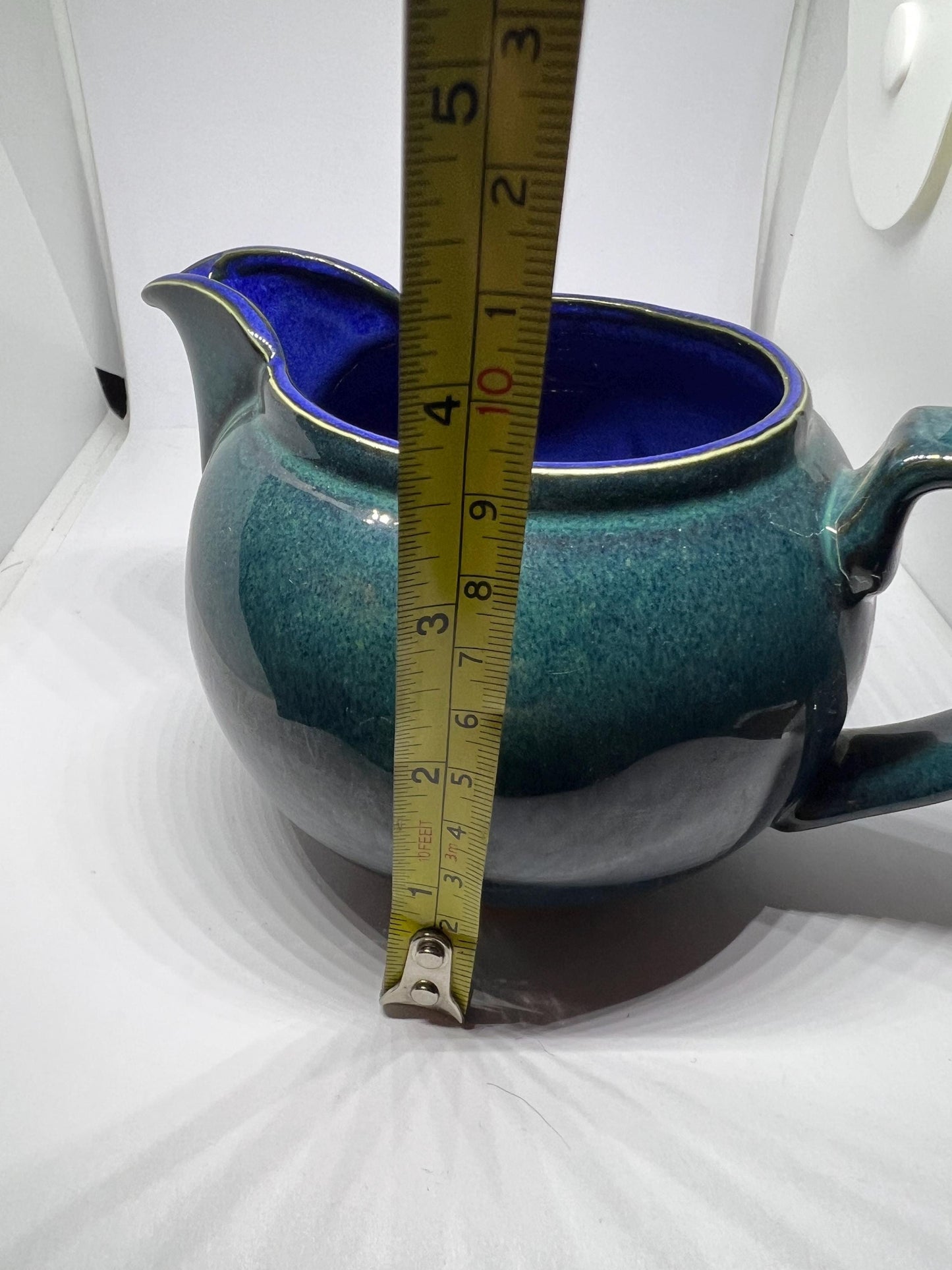 Vintage Denby Metz Milk Jug creamer. Green glazed outer with blue glaze inside.