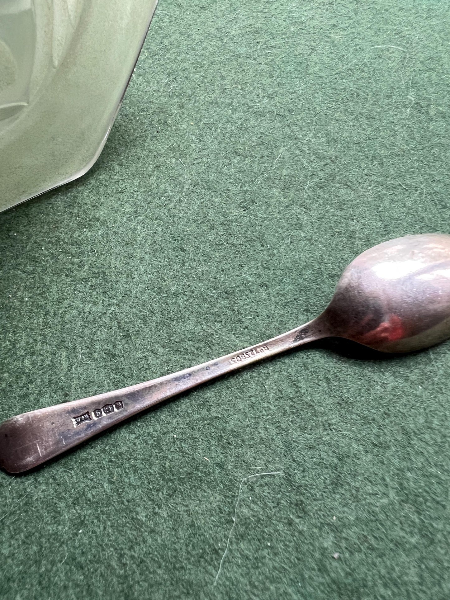 Vintage green pressed glass jam sugar bowl with metal handle spoon hanger. Stamped W+H.