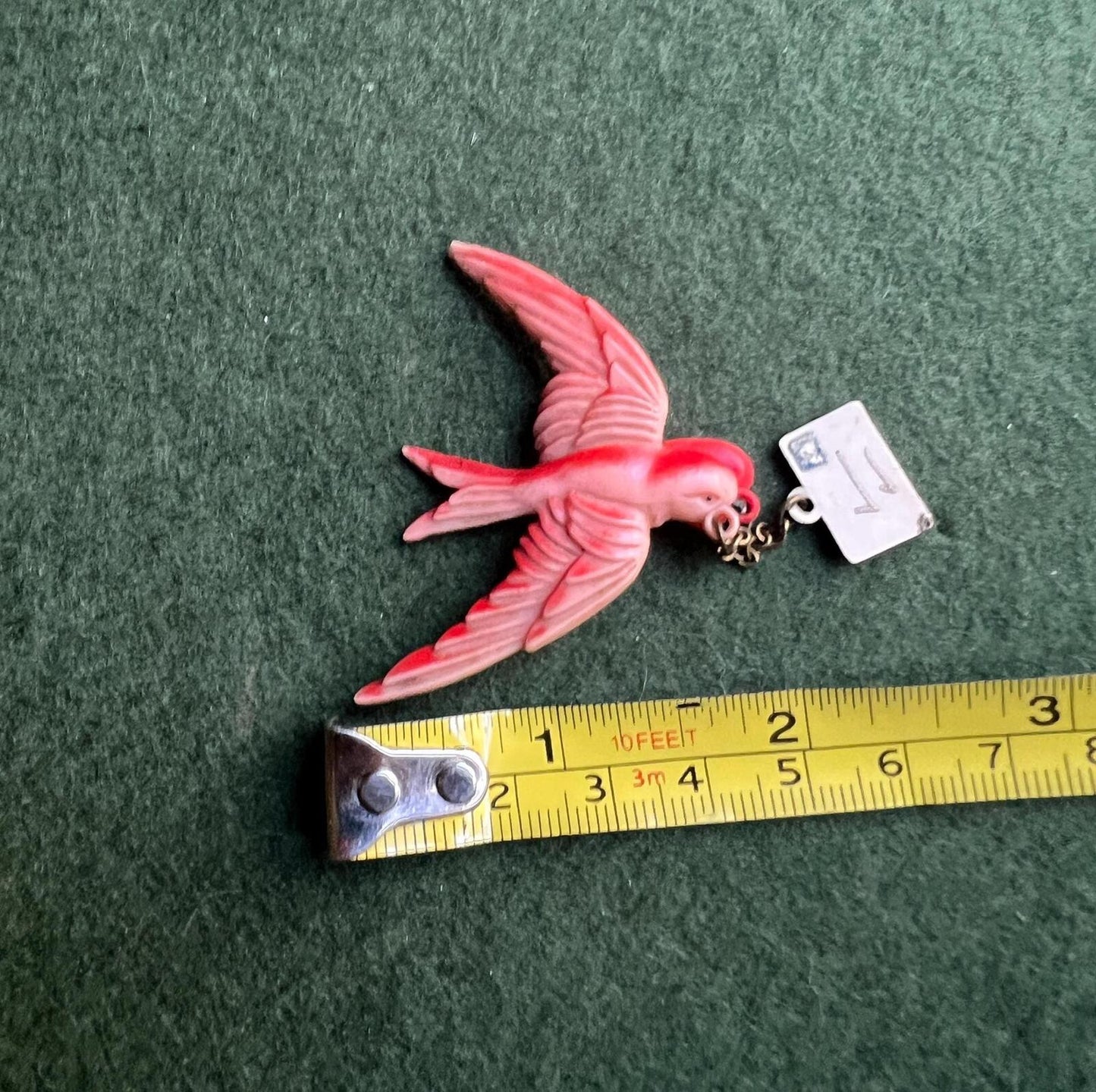Vintage celluloid swallow bird brooch. Red bird with heart and envelope. Jewellery lover gift.