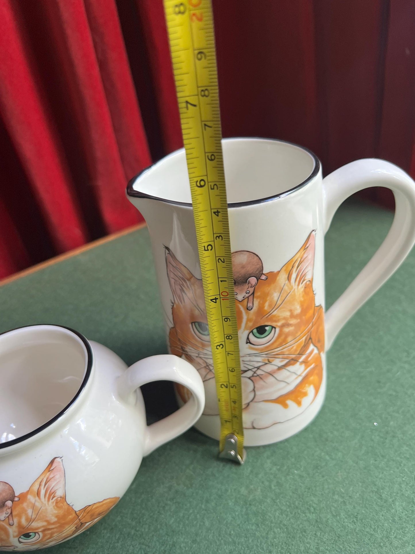 Vintage Arthur Wood milk jug and water jug, Cat and mouse design. Back to front ginger tabby cat with brown mouse. Sold Separately.