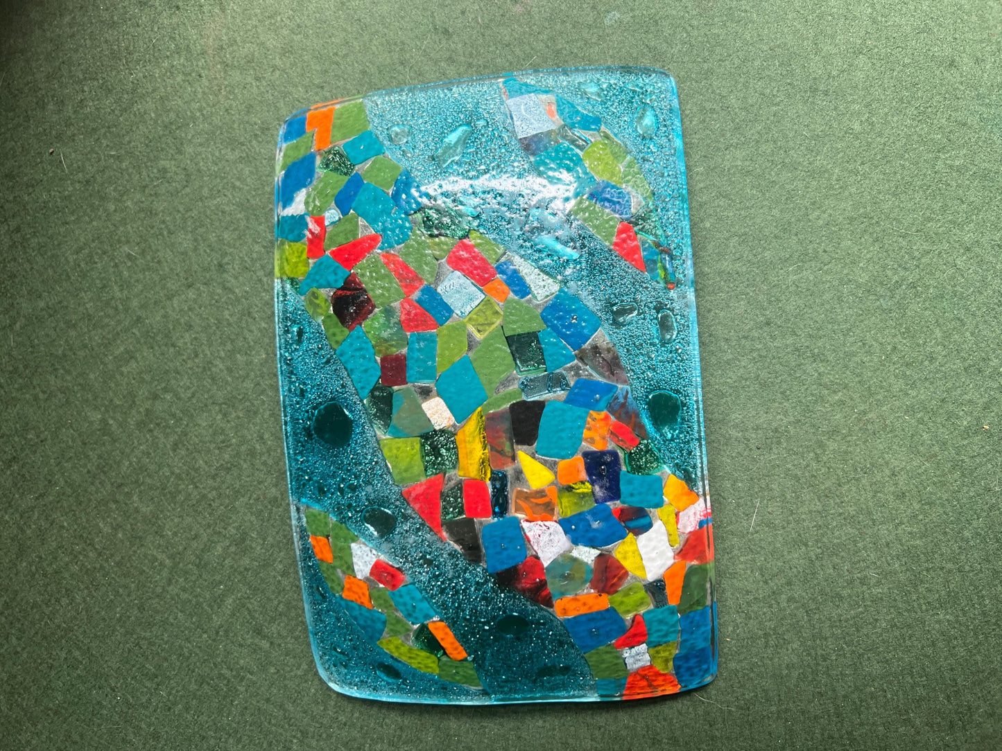Fused glass trinket serving bowl. Colourful confetti glass on blue base.