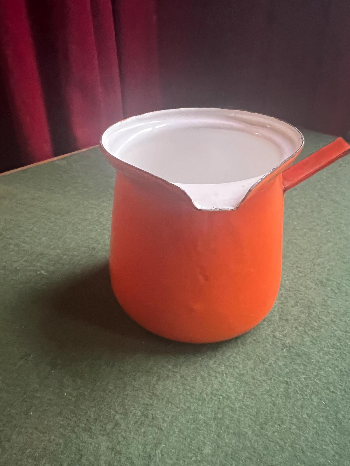 Vintage orange enamel Turkish coffee pot. Made in Poland. Butter Milk Warmer.