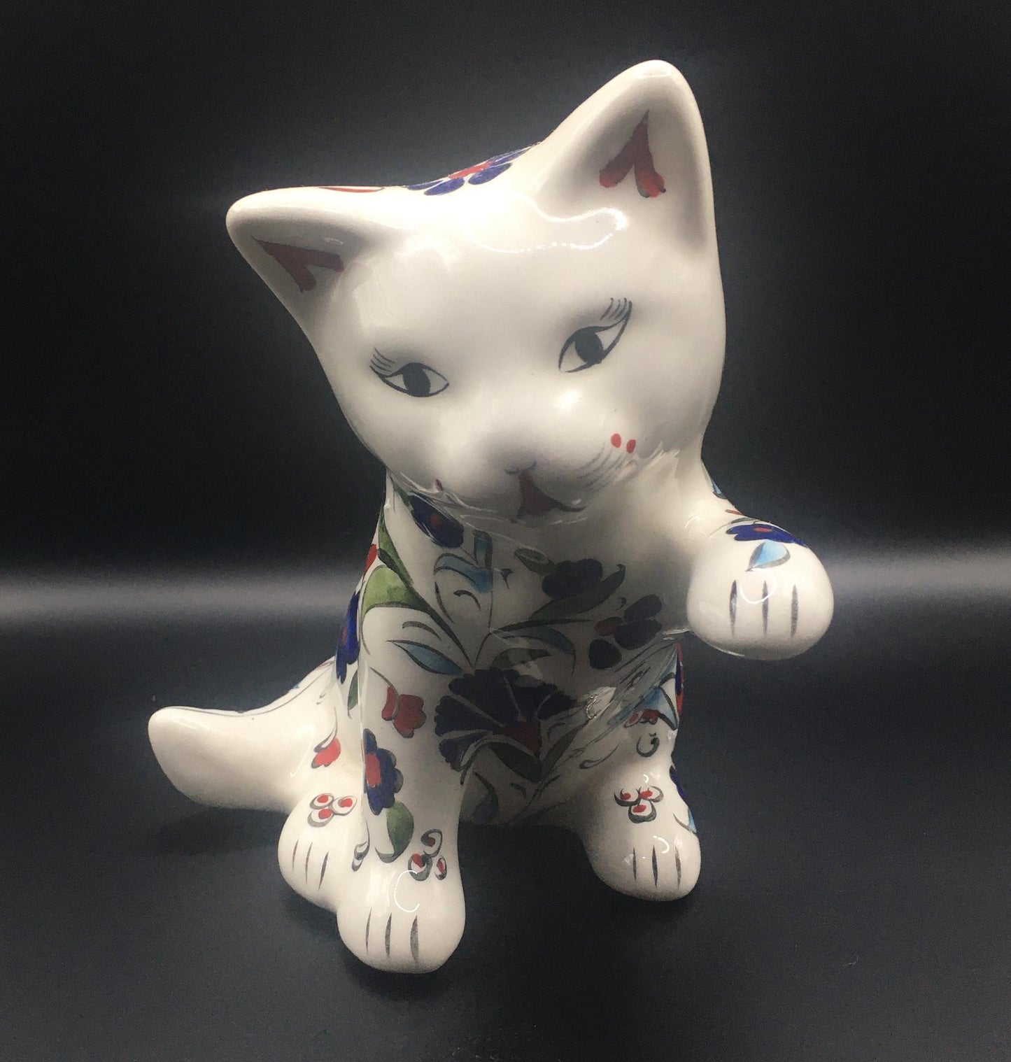 Pair of ceramic hand painted floral playful cat figurines. Signed Hand Made Türkiye.
