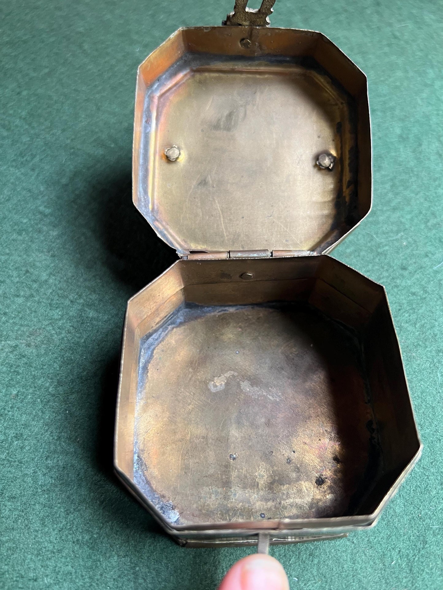 Antique Vintage brass octagonal lidded box. Great patina. Hinged trinket stash box with handle and clasp.