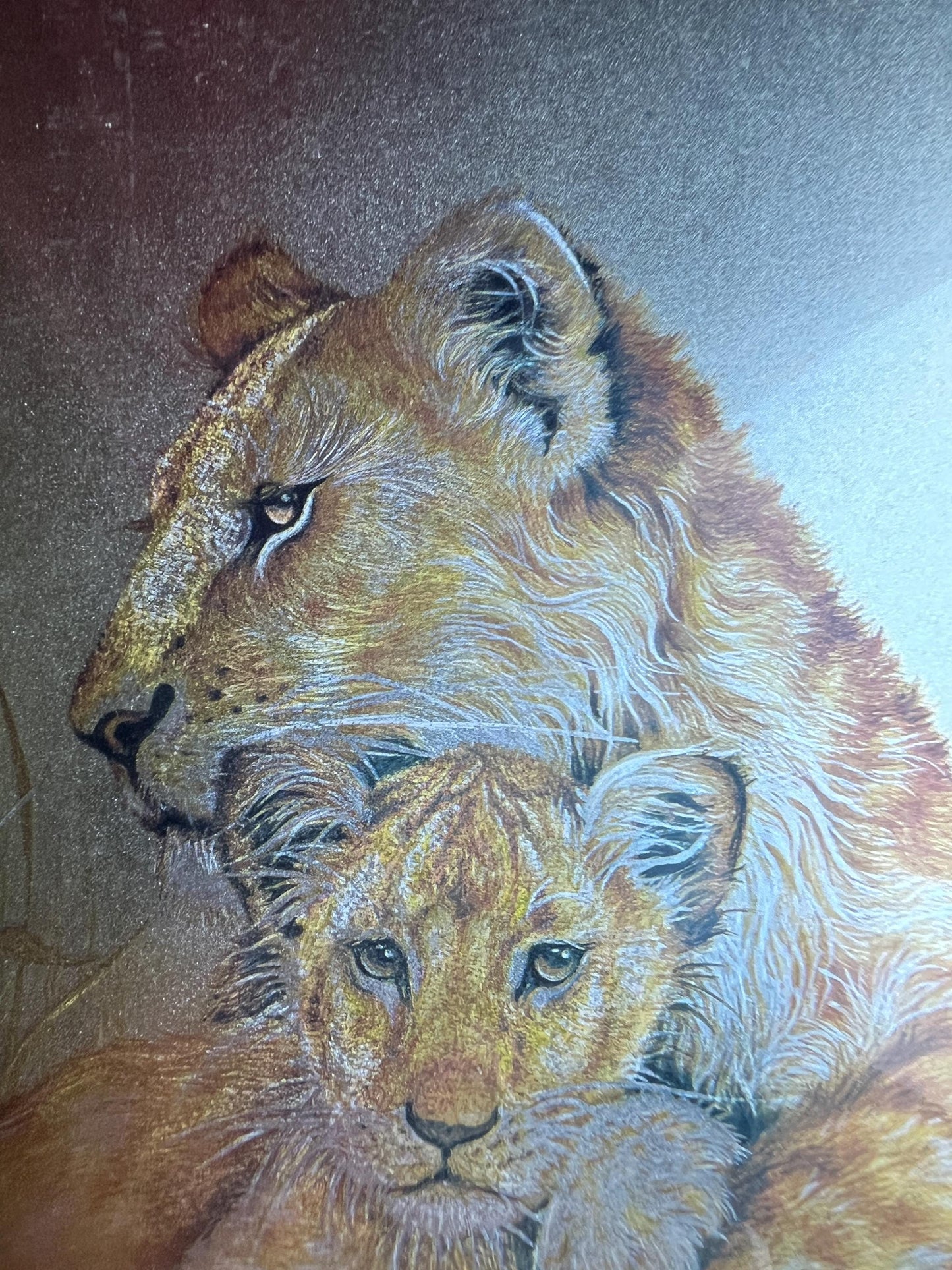 Lion and cub foil art framed picture. Signed M Fenelle
