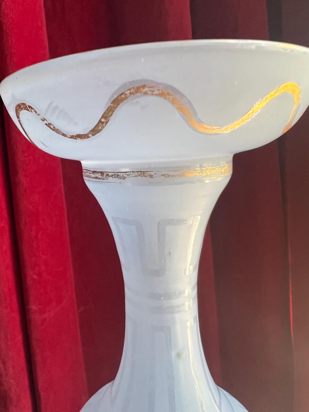 Rare Antique satin glass vase. Blue opaque glass tall vase with gold detail. Victoriana collector gift.