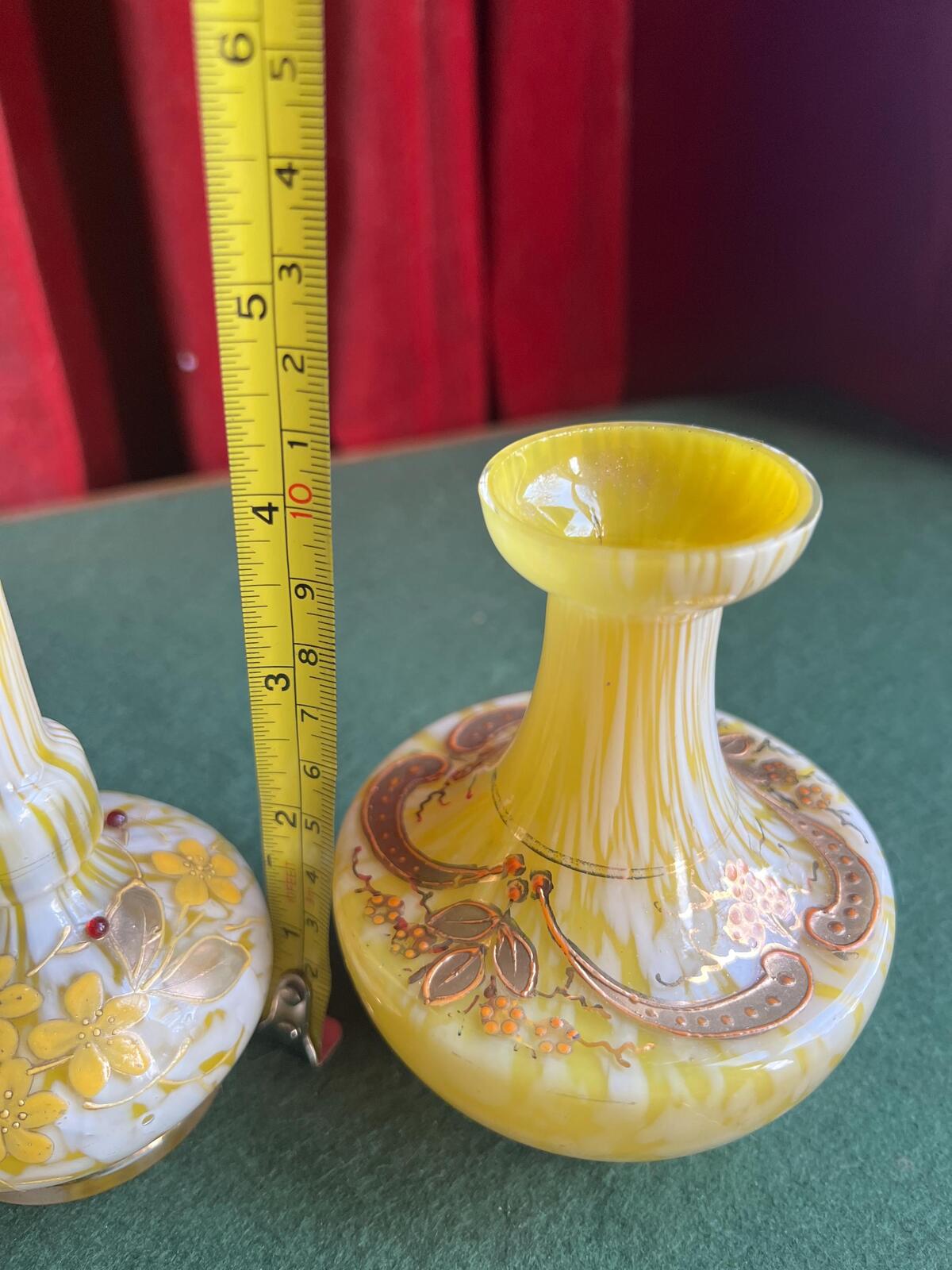 Pair of Welz Bohemian Lemon Yellow & White Spatter Glass Vases. Hand painted gold enamel details. Antique glass collector gift.