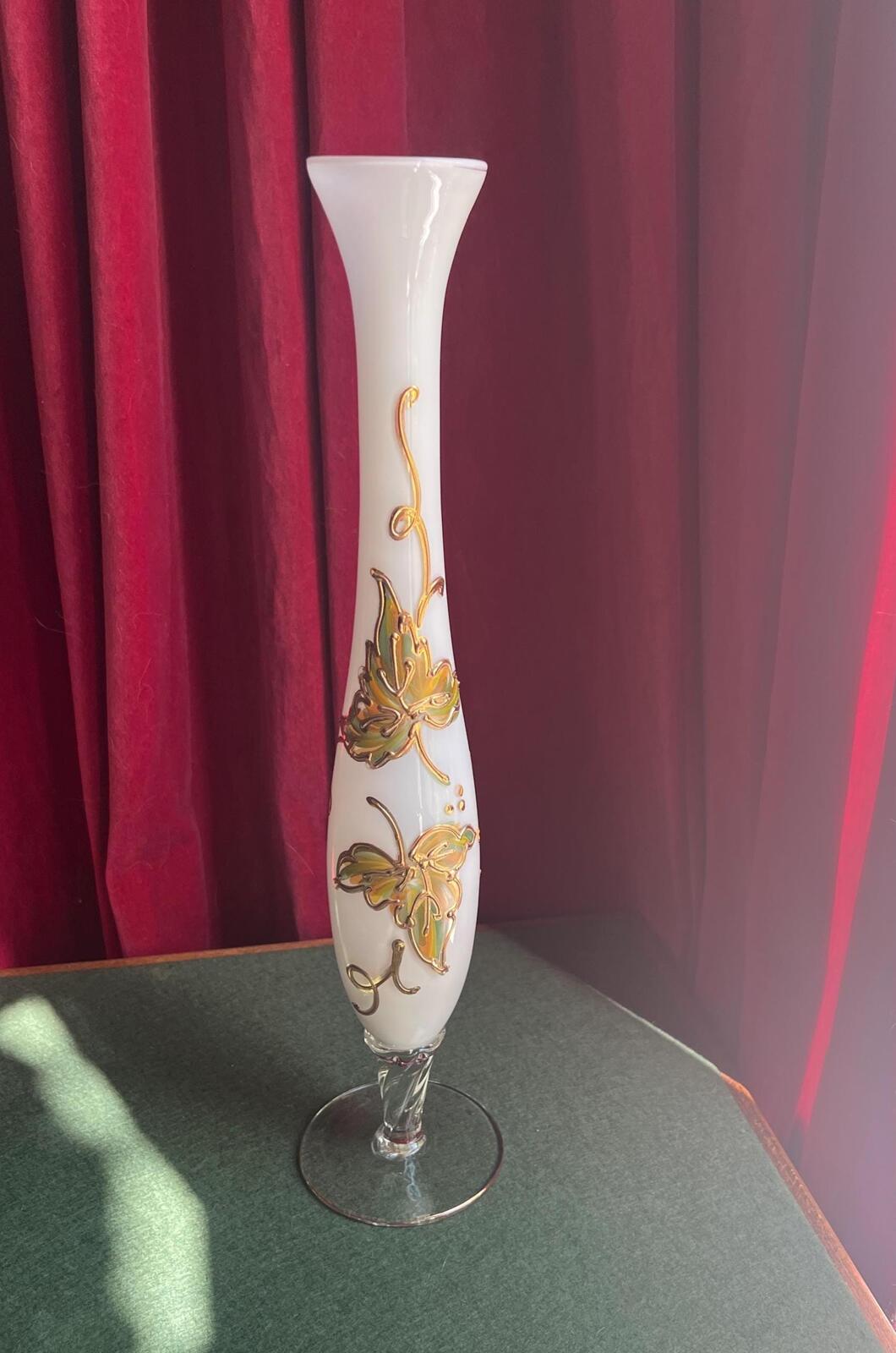 Victorian opaline glass vase. Hand painted gilt golden leaf decor. Victoriana collectors gift.