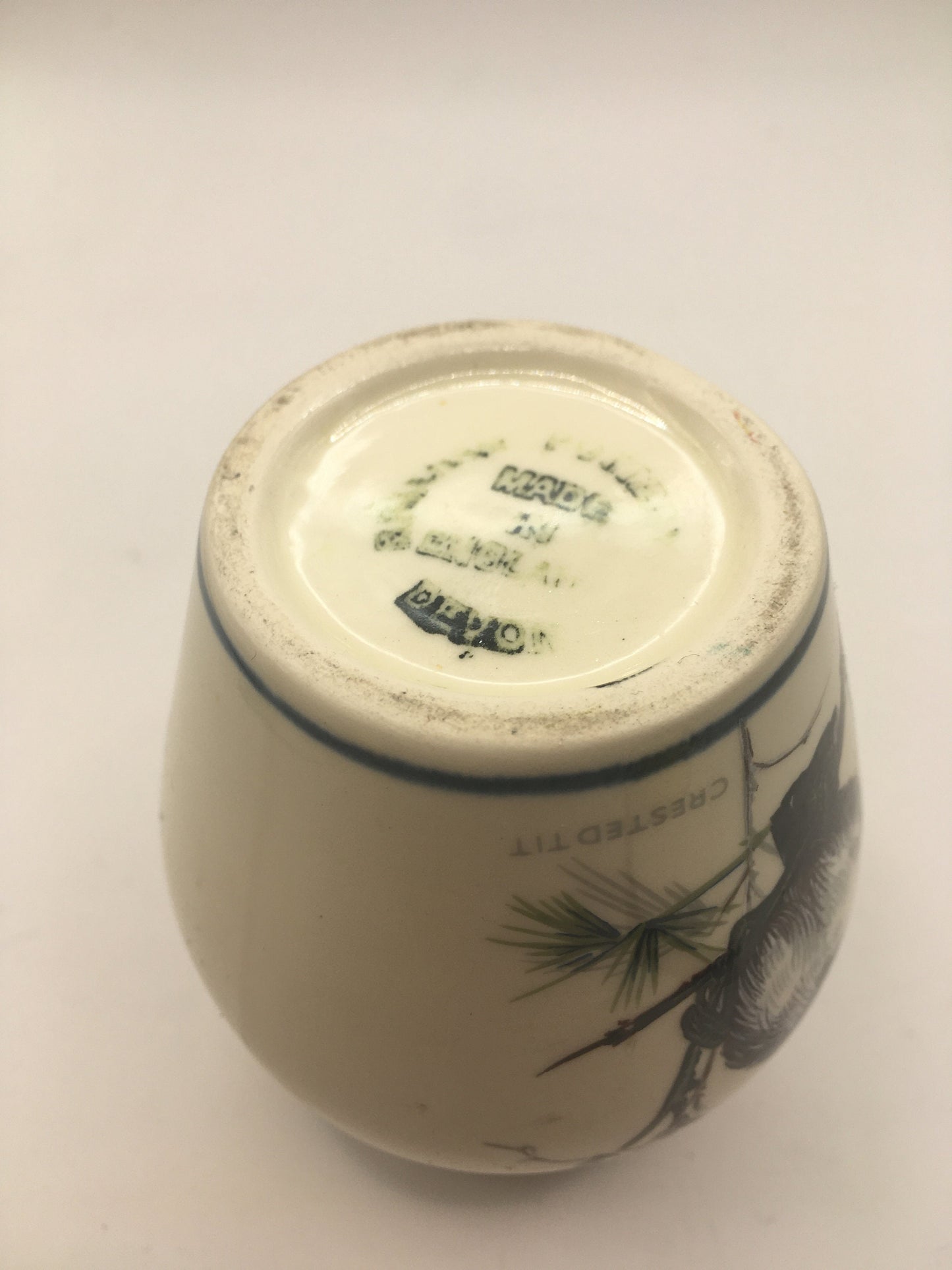 Ceramic bud posy vase. Double sided design Kingfisher and Crested Tit. Brixham Pottery Devon.