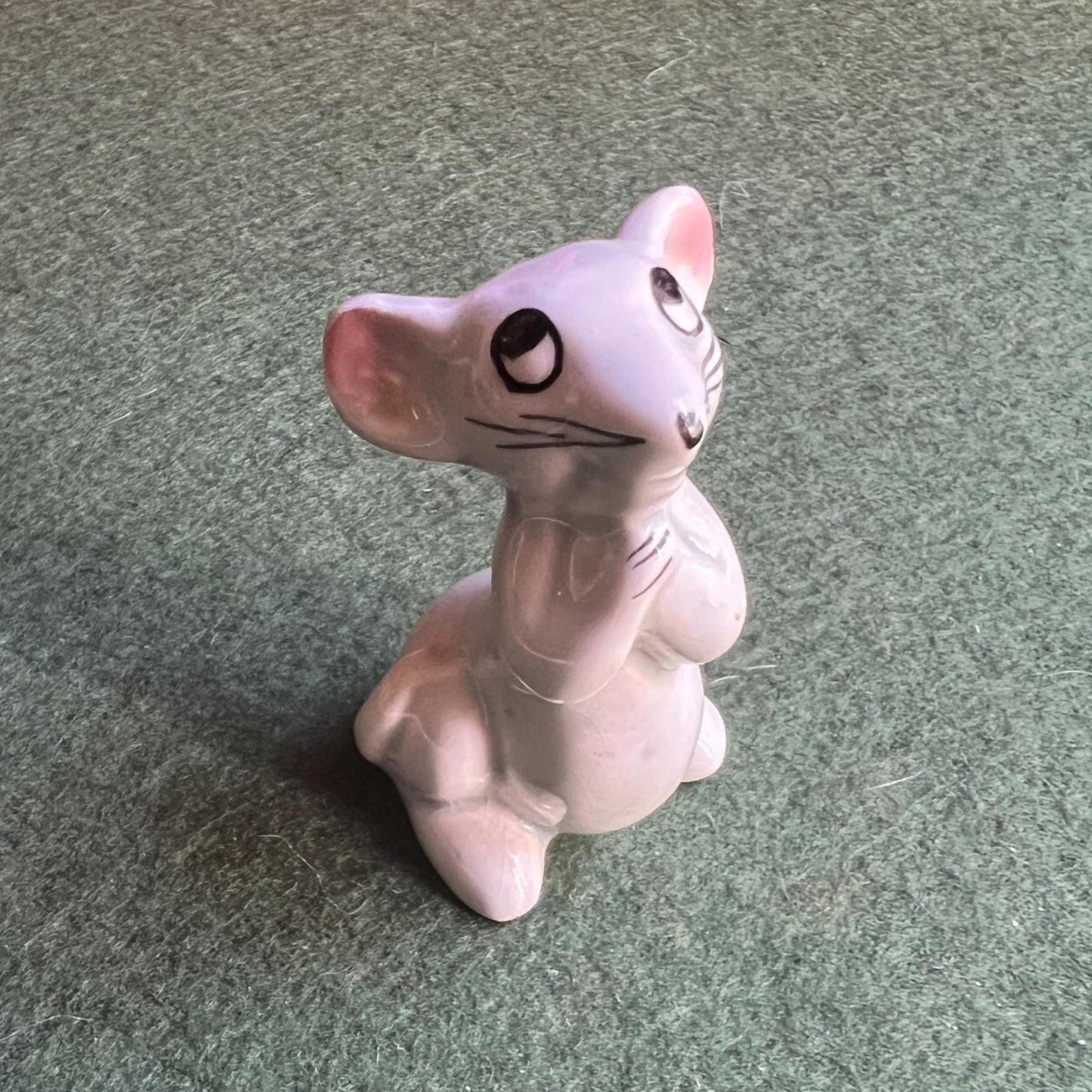 Quirky Vintage ceramic mouse figurine. Hand painted white mouse with pink details.