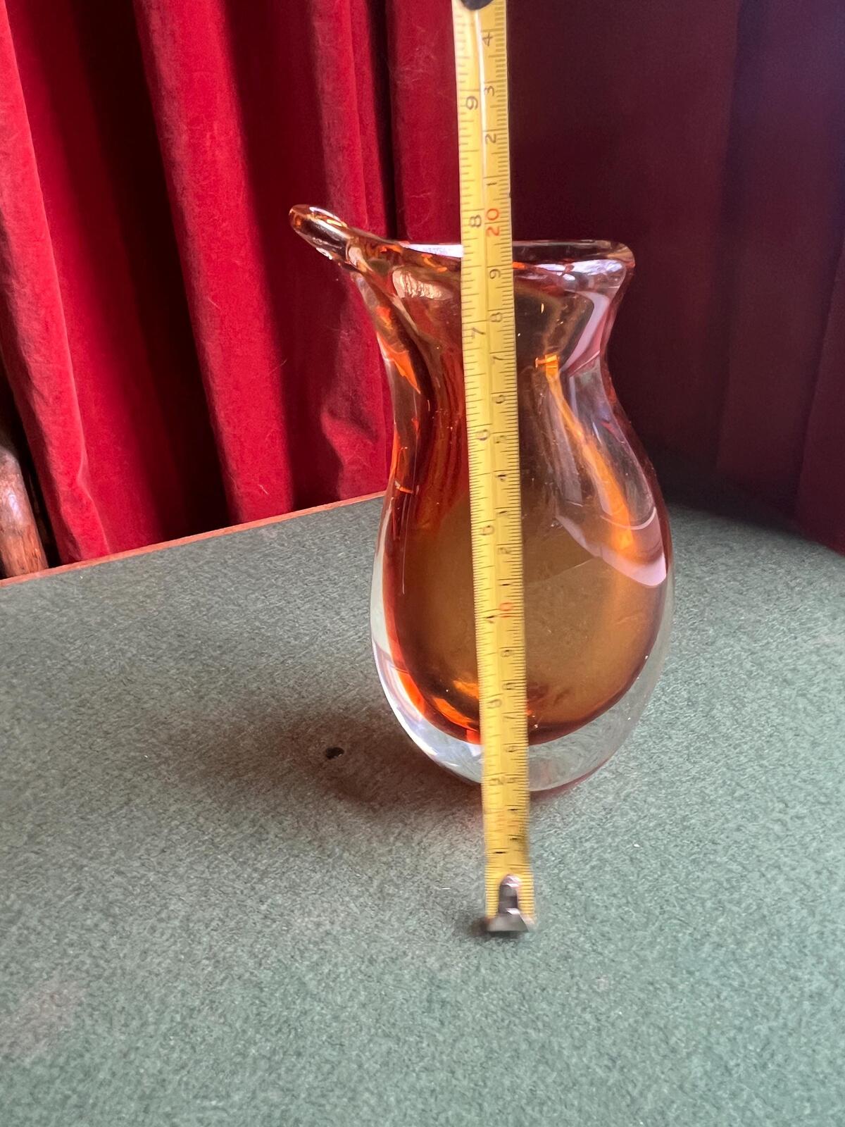 Vintage Sommerso amber and clear glass Murano style fishtail vase.