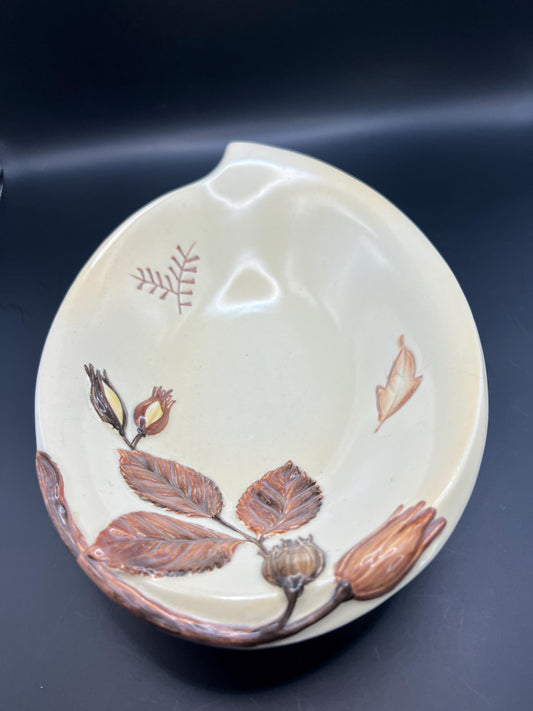 Vintage Carlton Ware  leaf shaped bowl with brown flower and leaf pattern.