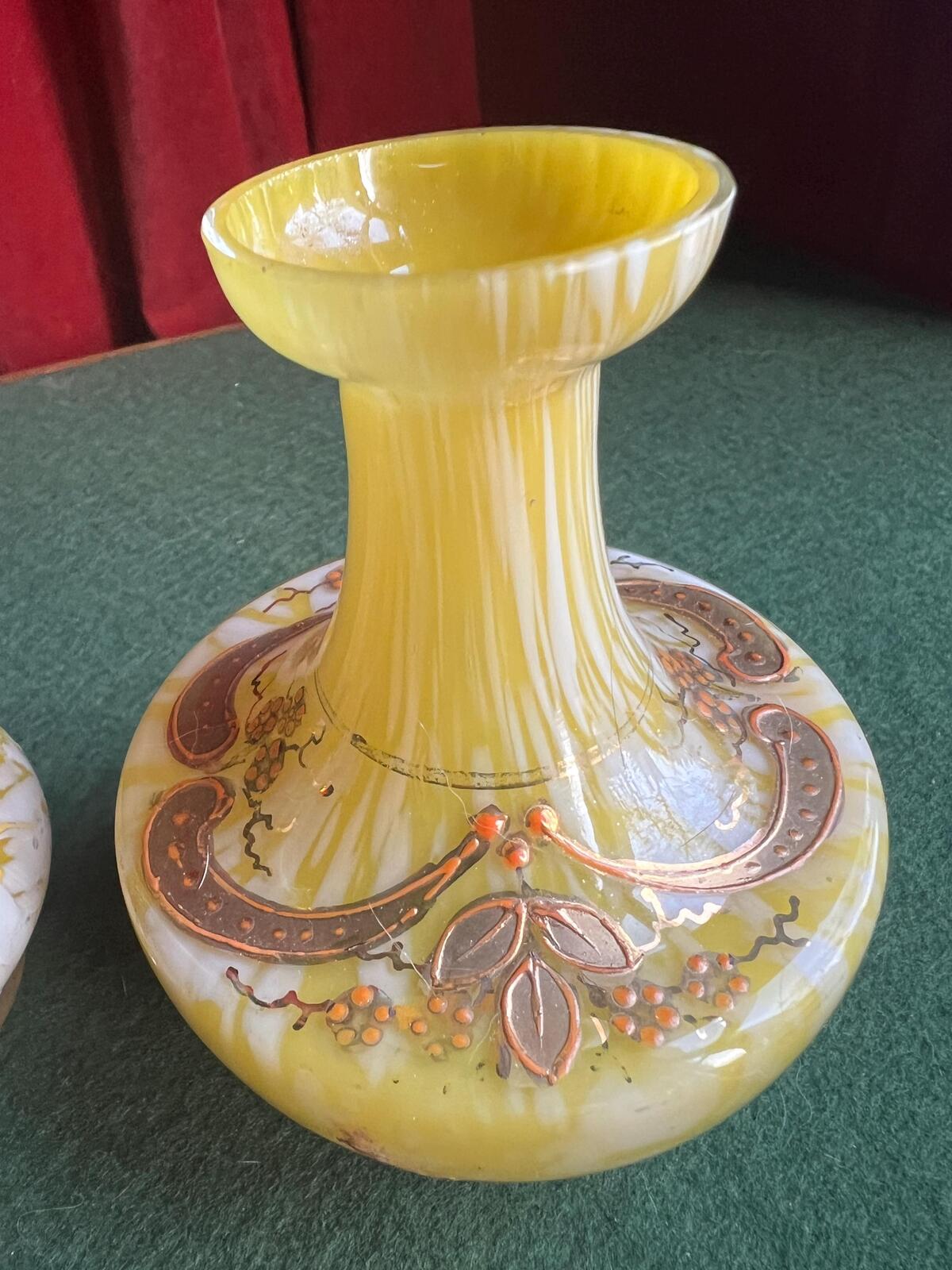 Pair of Welz Bohemian Lemon Yellow & White Spatter Glass Vases. Hand painted gold enamel details. Antique glass collector gift.