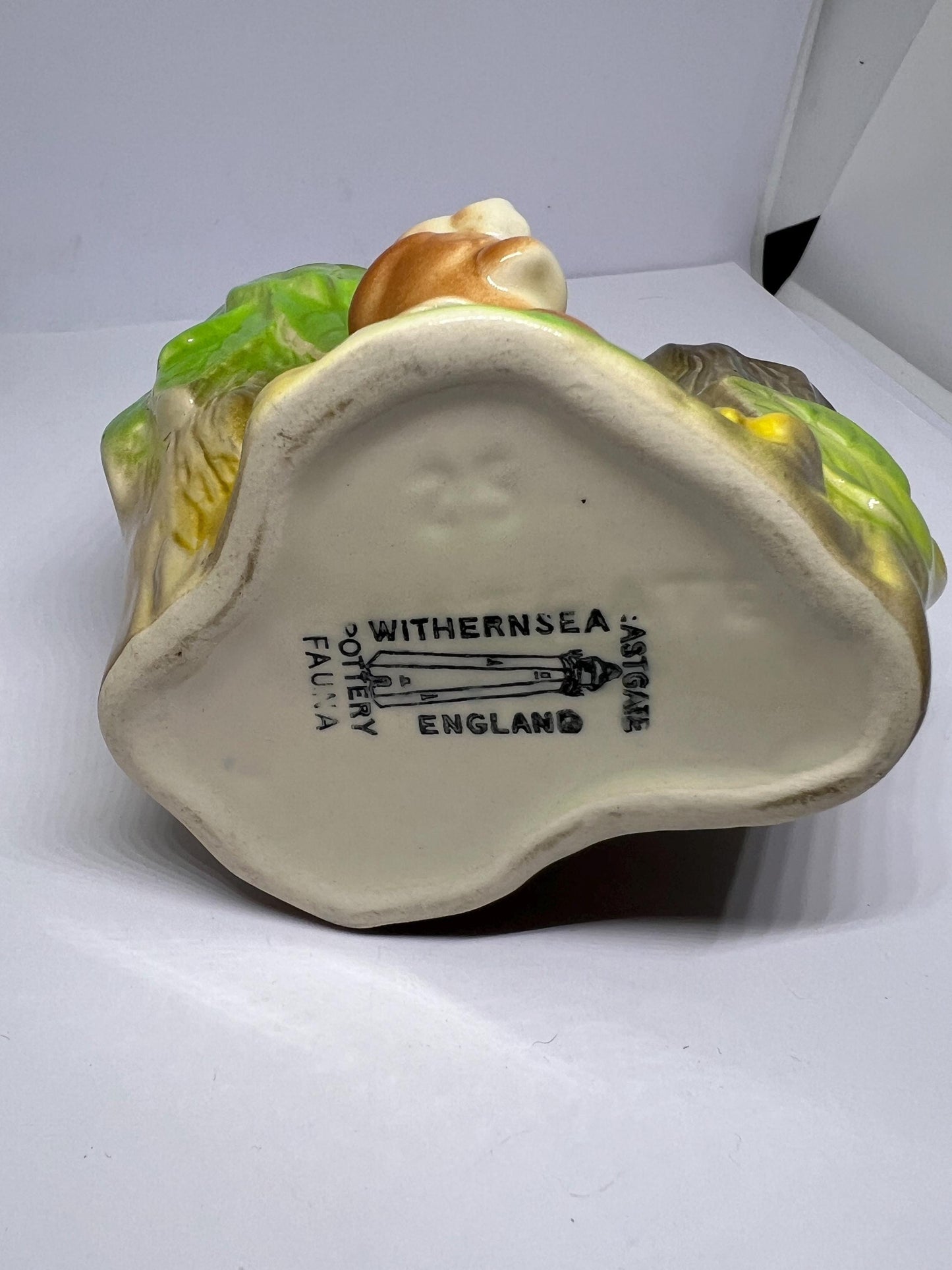 Bunny posy vase with tree stump. Stamped Pottery Fauna Withernsea Pottery England.