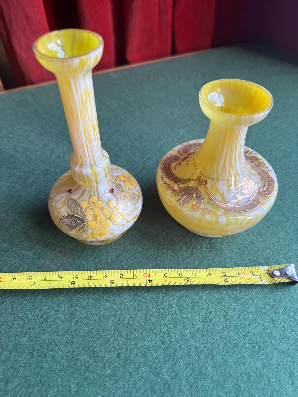 Pair of Welz Bohemian Lemon Yellow & White Spatter Glass Vases. Hand painted gold enamel details. Antique glass collector gift.