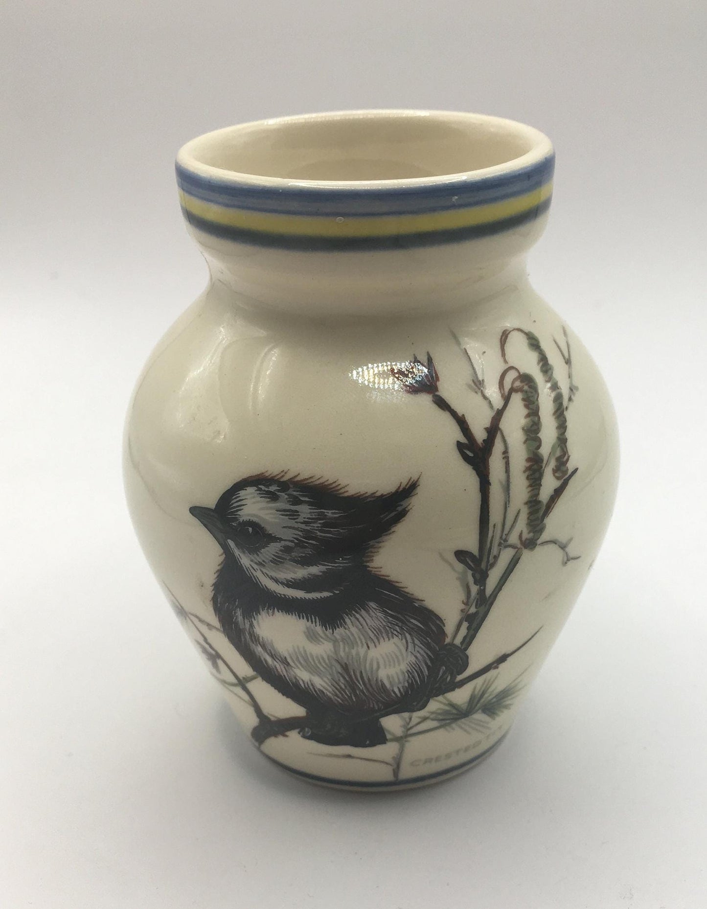 Ceramic bud posy vase. Double sided design Kingfisher and Crested Tit. Brixham Pottery Devon.
