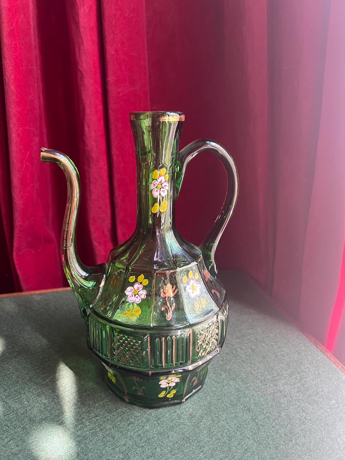 Antique emerald glass pitcher ewer. Hand blown with hand painted floral and gold details.