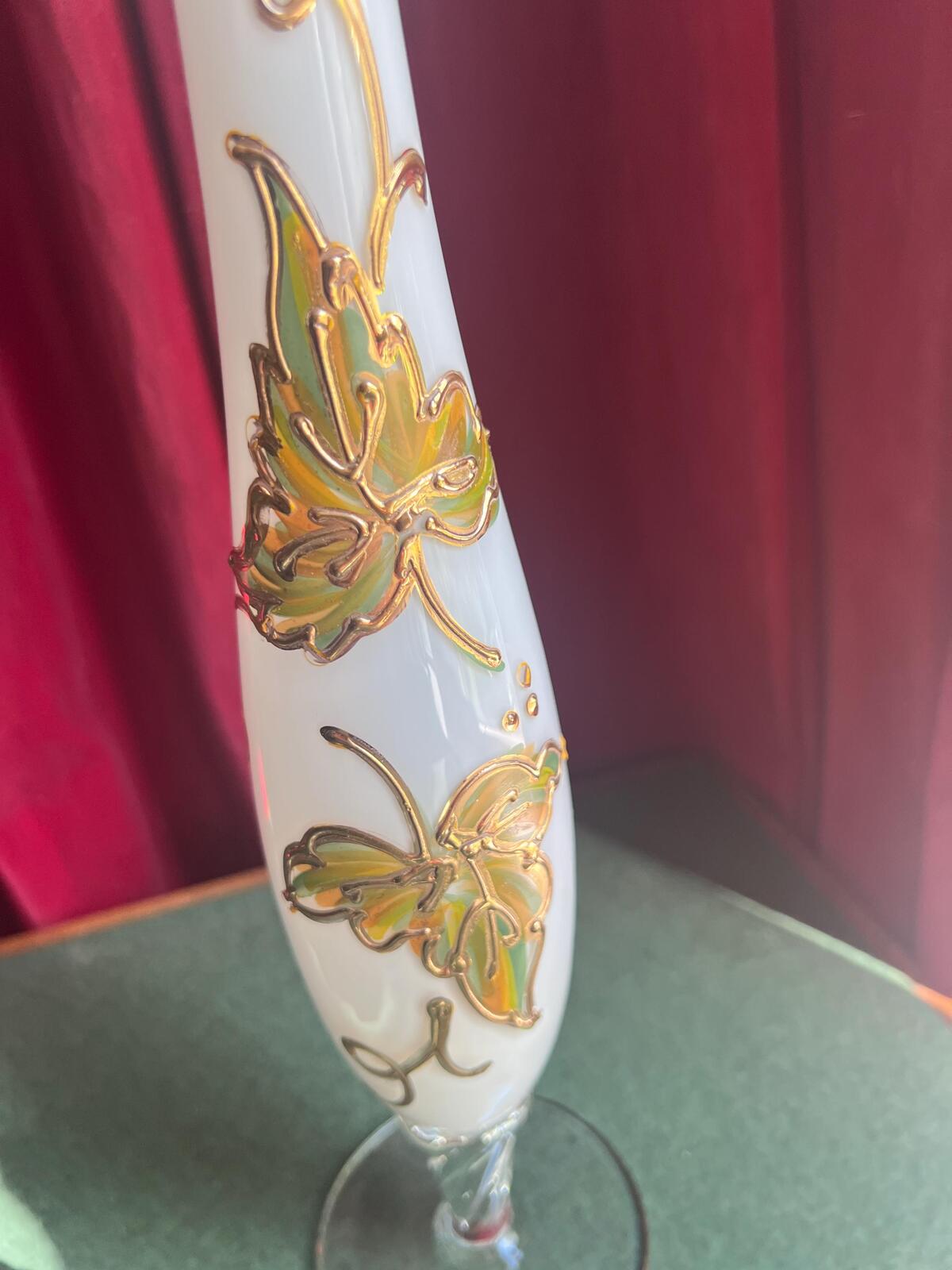 Victorian opaline glass vase. Hand painted gilt golden leaf decor. Victoriana collectors gift.