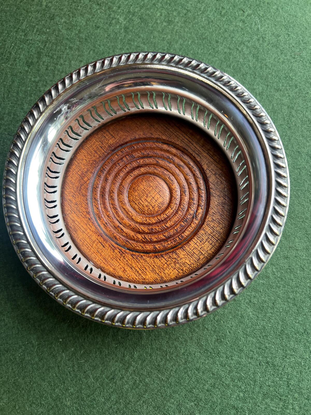 Antique vintage wine coaster. Silver plate and mahogany wood Barker Ellis style bottle coaster.