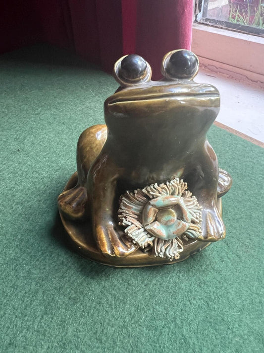 Studio pottery frog figurine. Quirky green glazed hand built frog. Signed by artist YD DG. Yare Designs Norfolk.