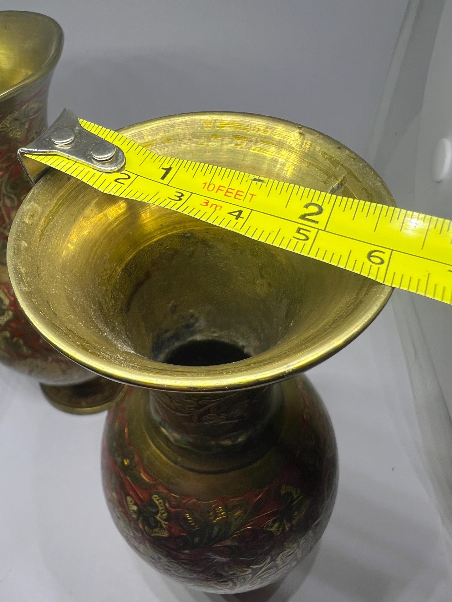 Vintage brass enamel ornamental vases. 2 available.