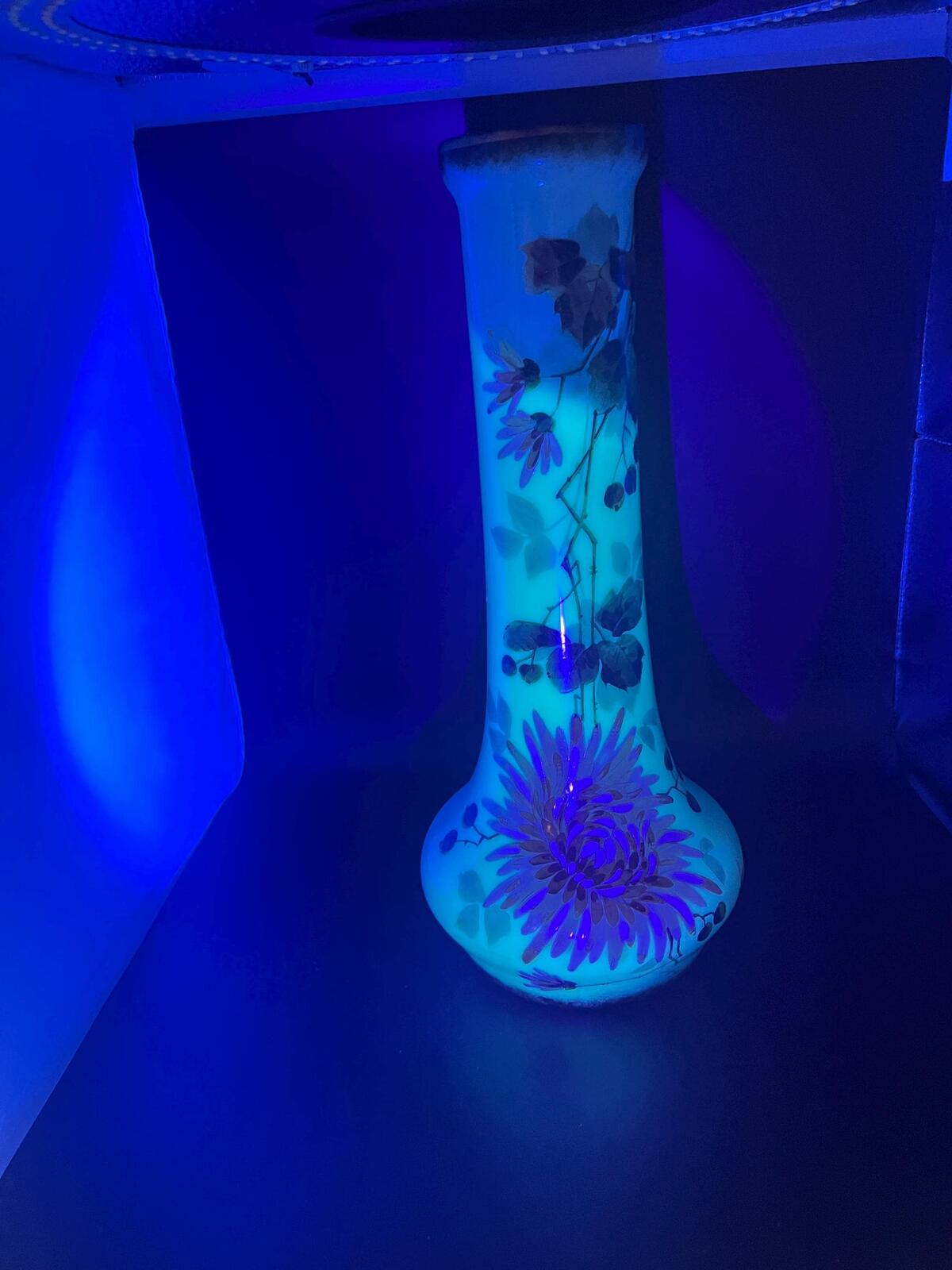 Antique uranium glass hand painted enamel floral vase. Harrach Bohemian glass tall decorative vase.