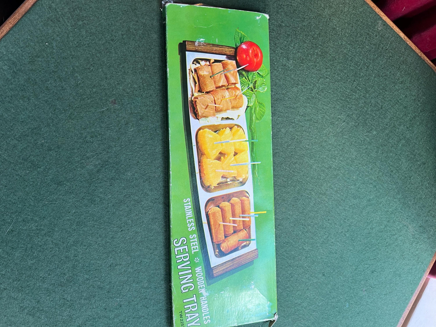 MCM 1960s Stainless steel and wooden serving tray. Original box 3 part Hong Kong Stainless Steel sticker.