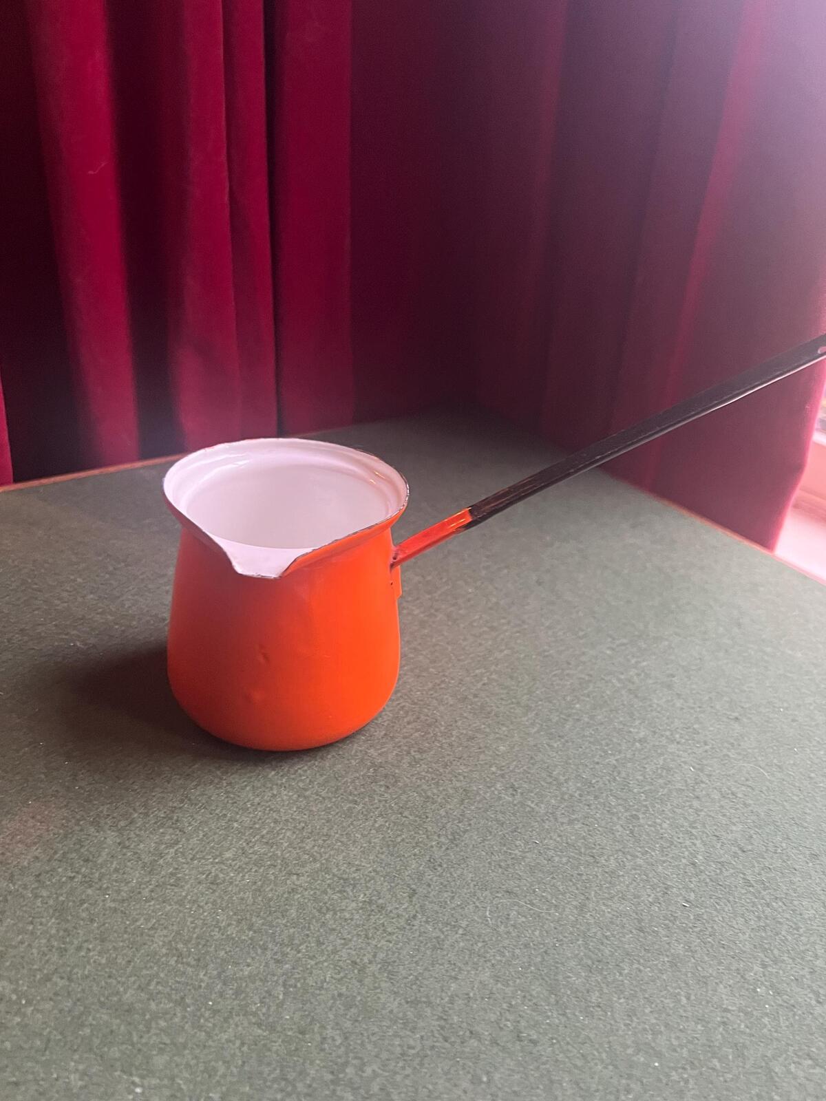 Vintage orange enamel Turkish coffee pot. Made in Poland. Butter Milk Warmer.