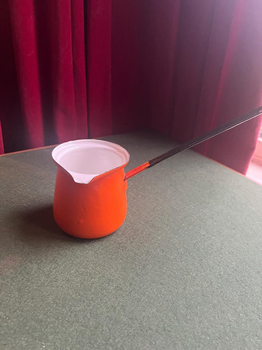 Vintage orange enamel Turkish coffee pot. Made in Poland. Butter Milk Warmer.