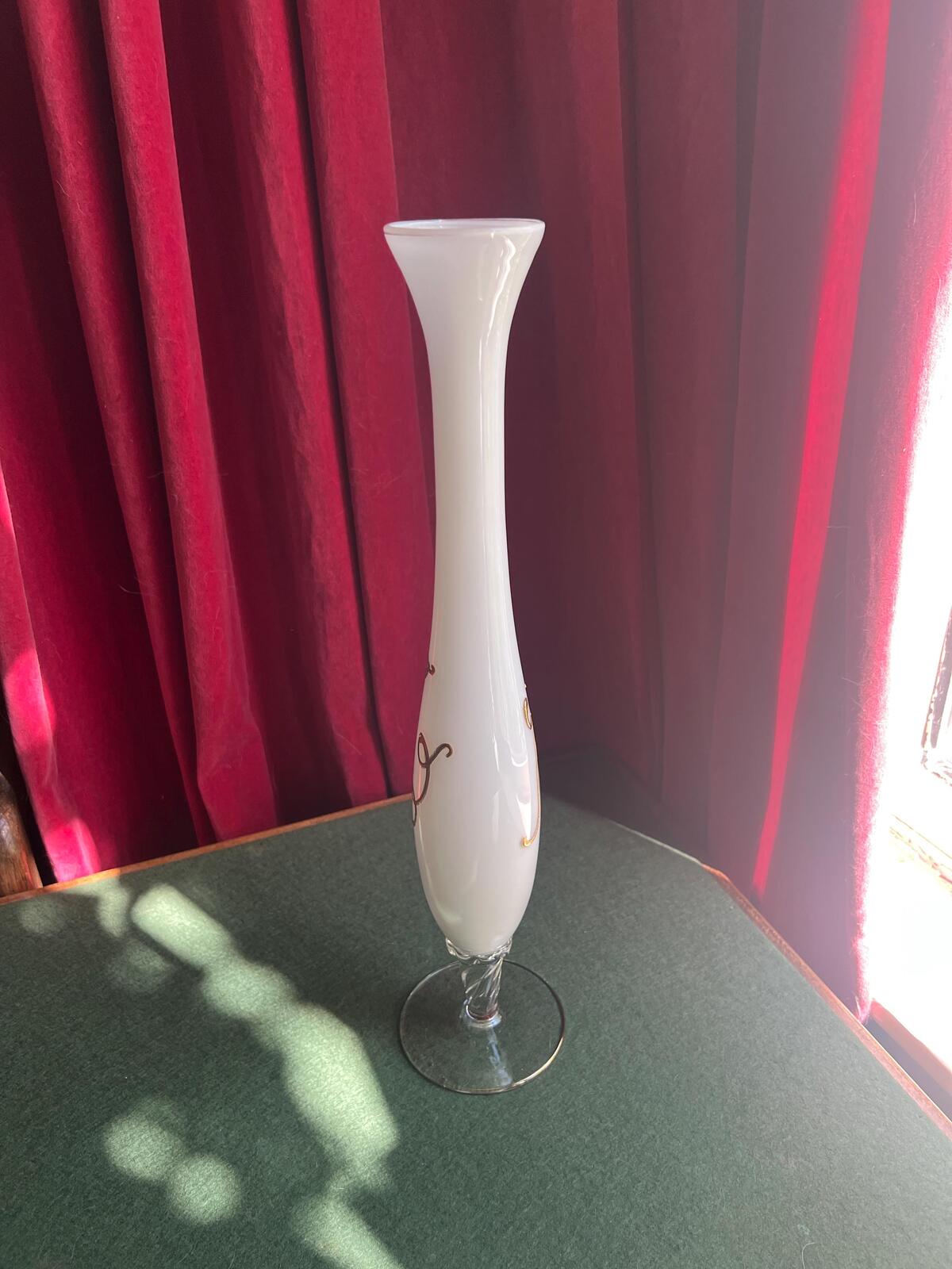 Victorian opaline glass vase. Hand painted gilt golden leaf decor. Victoriana collectors gift.