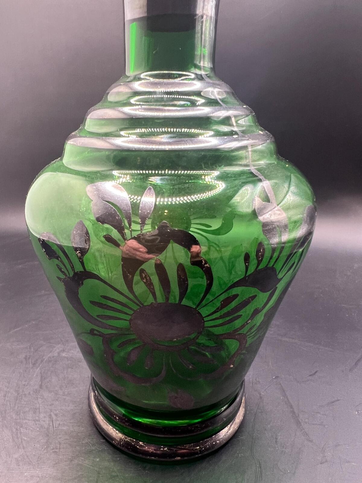 Antique Art Nouveau Emerald Green Glass Decanter with floral silver overlay and original stopper.