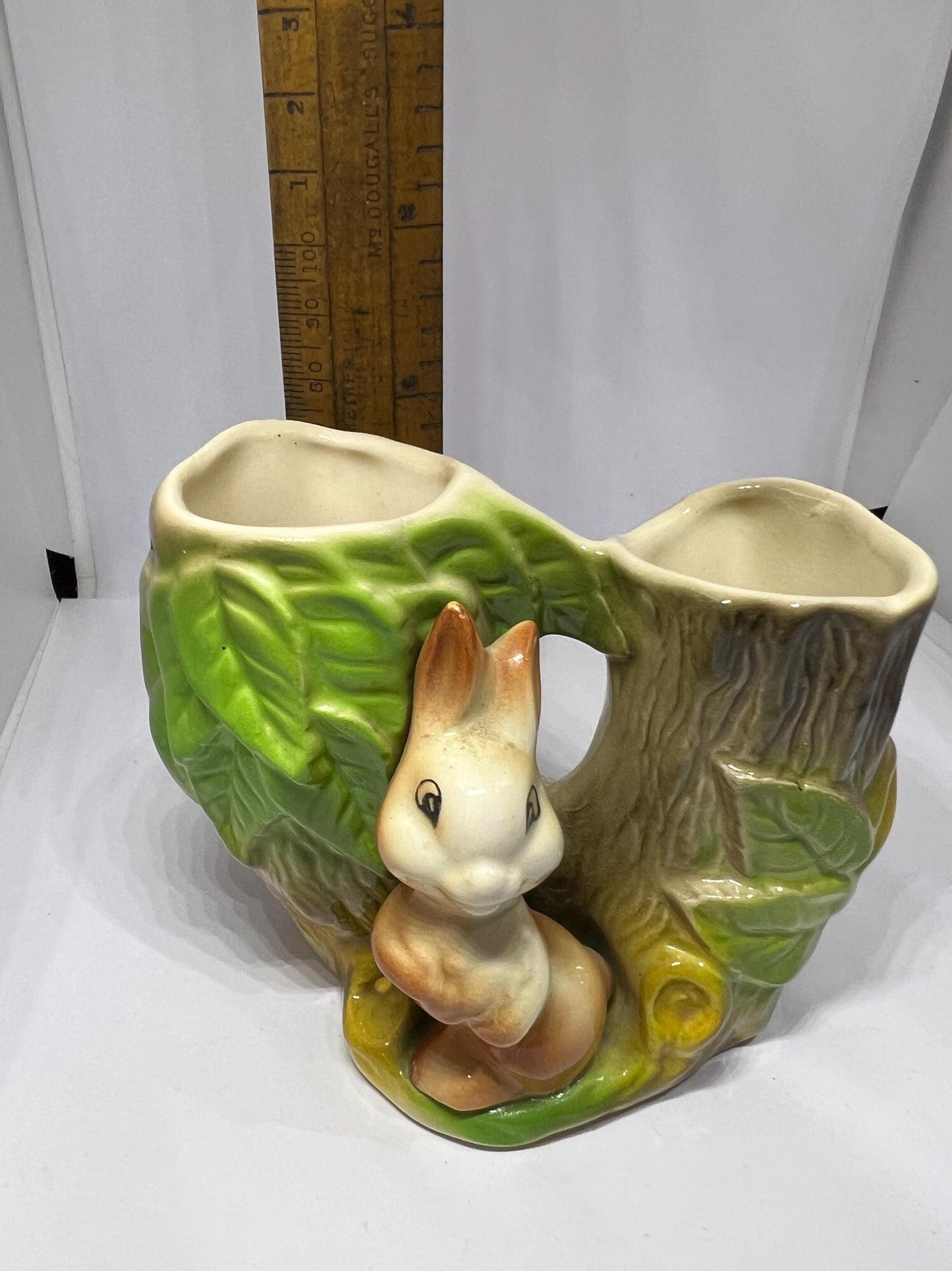 Bunny posy vase with tree stump. Stamped Pottery Fauna Withernsea Pottery England.