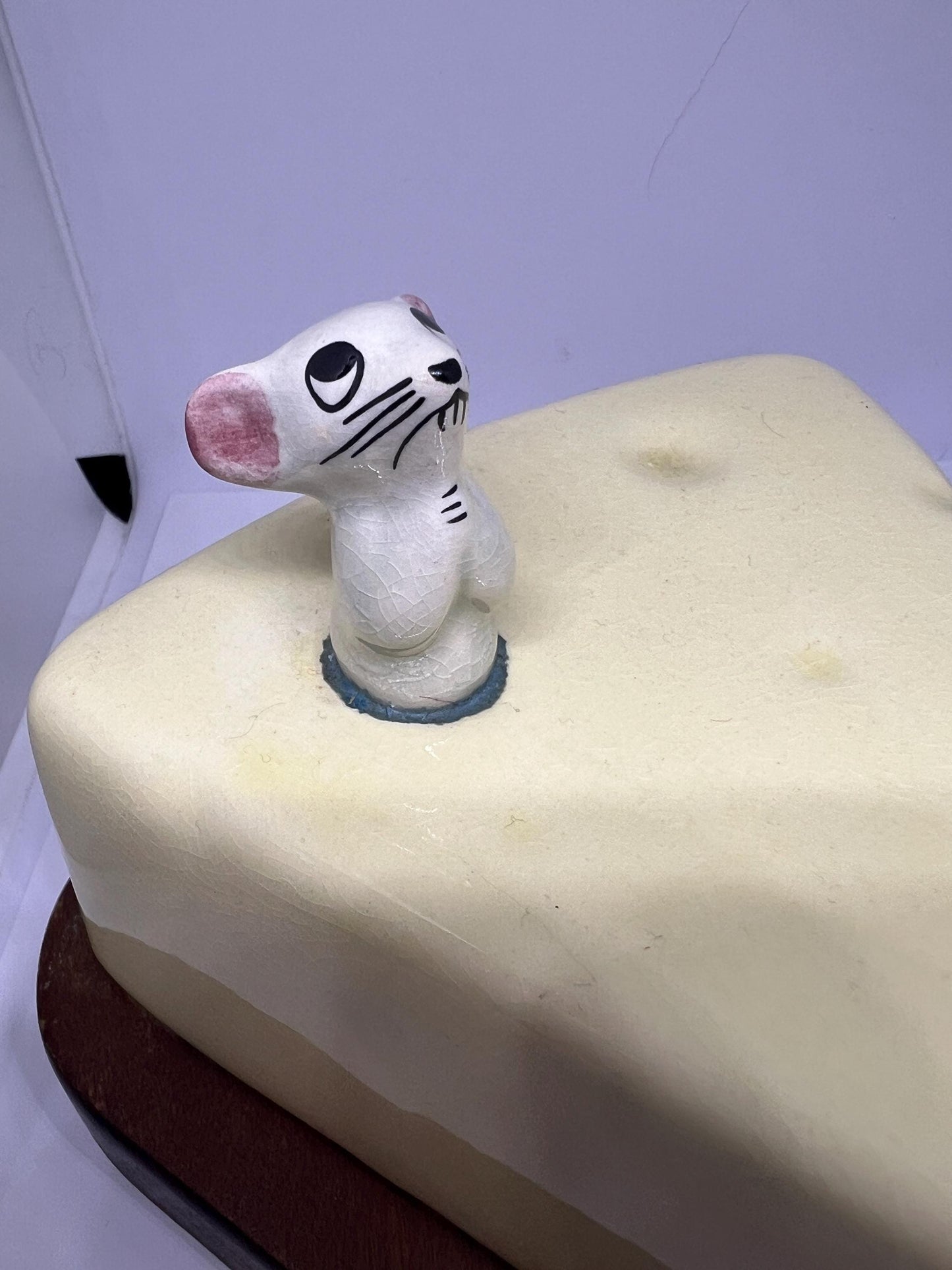 Retro ceramic wood covered cheese dish with kitsch mouse.