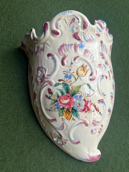 Vintage ceramic wall pocket. Stamped Italy. Hand painted floral wall decor. AS IS.