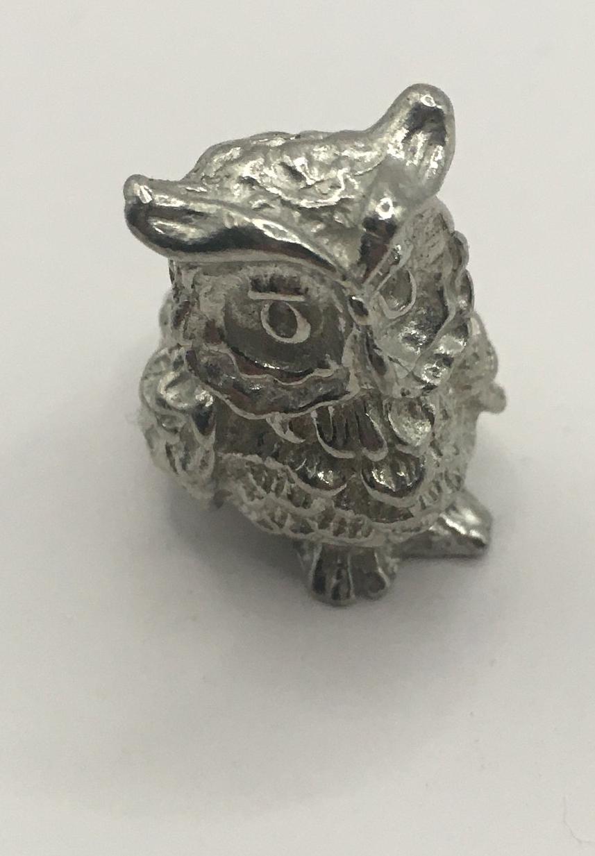 Metal owl ornament. Tiny silver tone owl figurine.