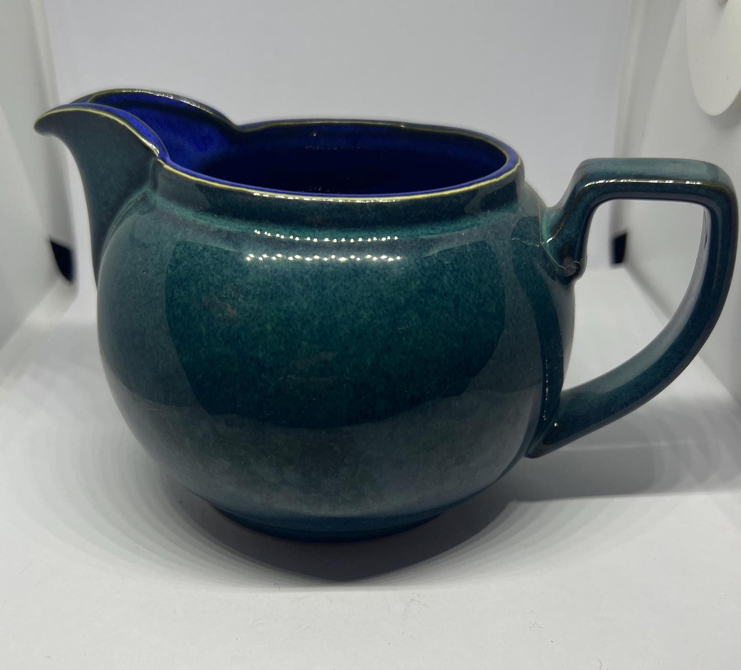 Vintage Denby Metz Milk Jug creamer. Green glazed outer with blue glaze inside.