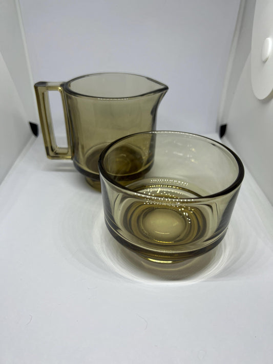 Vintage smoky clear glass milk jug and open sugar. Cubic design handle Stamped Italy