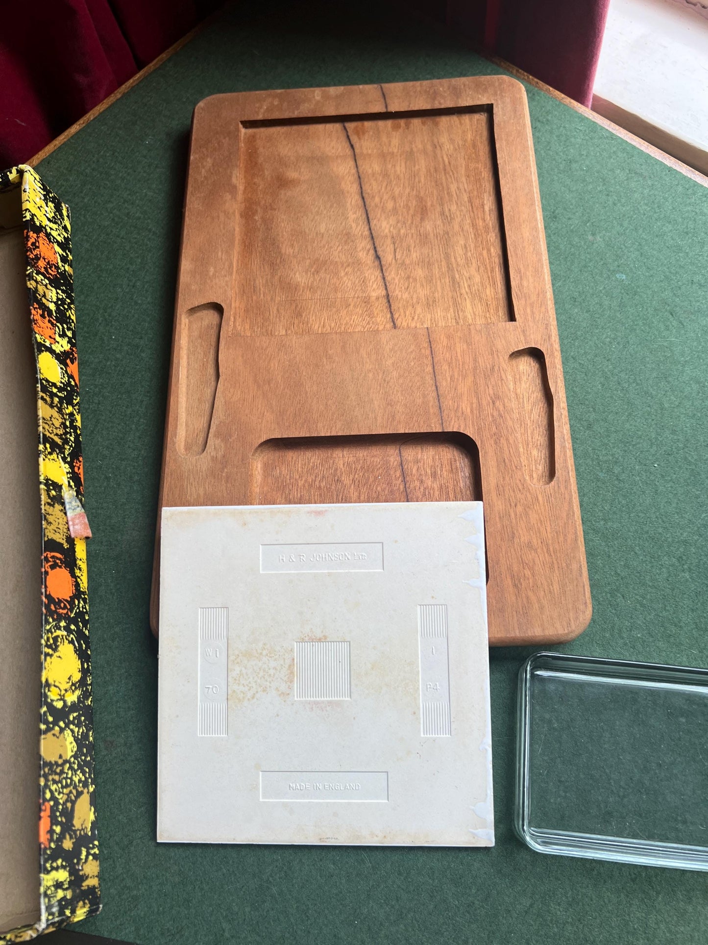 1970s MCM cheese board Wooden cheese serving platter ceramic tile insert Butter dish and original knives.