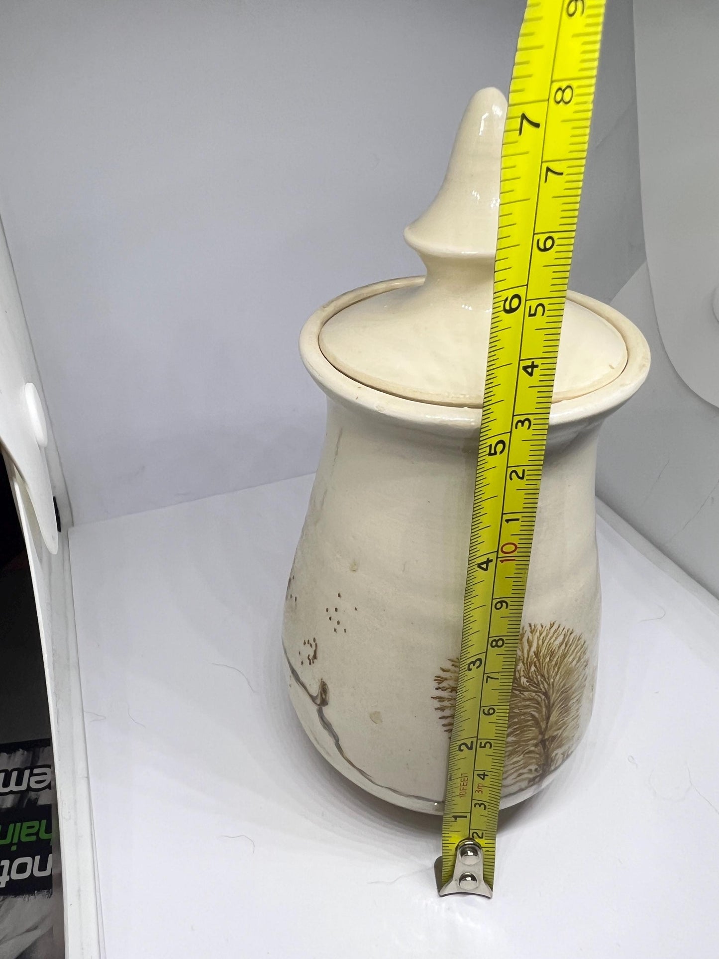 Mocha ware lidded pot Cream glaze with tree design detail in the style of Vanessa Waller.